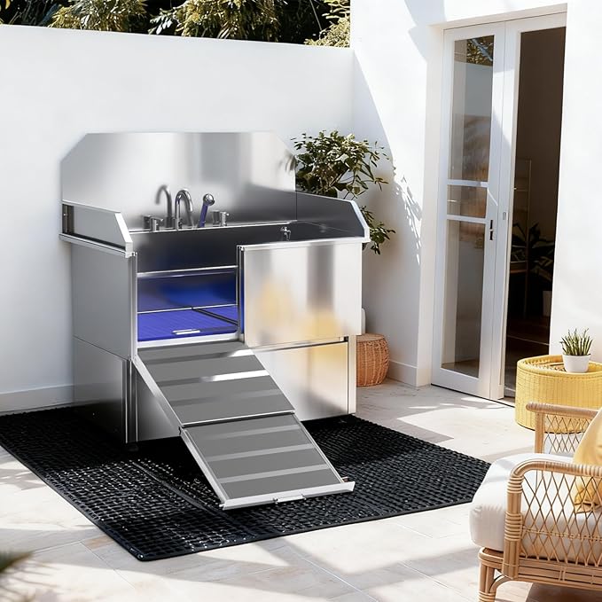Dog Washing Station – 50 inch Professional 304 Stainless Steel Grooming Tub w/Ramp, Drawer, Faucet & Floor Grate, Dog Bathing Station for Large, Medium & Small Pets, 19" Leak-Proof Deep Soak