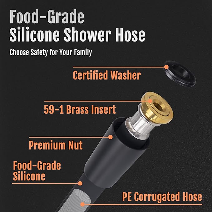 Shower Hose, Food Grade Silicone Shower Head Hose, Kink-Free Handheld Shower Hose Extension, Rv Shower Hose Replacement with Premium Brass Material for Cleaning Pet, Bidet, 60 Inches, Black