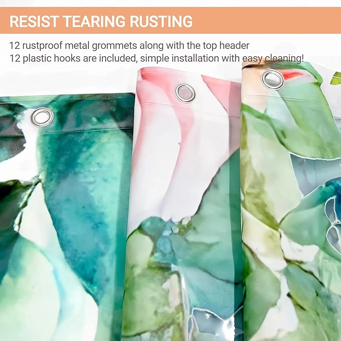 Clear Colorful Floral Butterfly Shower Curtain Liner, Plastic Pretty Pink and Orange Flower Green Eucalyptus Leaf Shower Curtains for Bathroom, 72x78 Weighted Magnetic Shower Curtain Set with 12 hooks