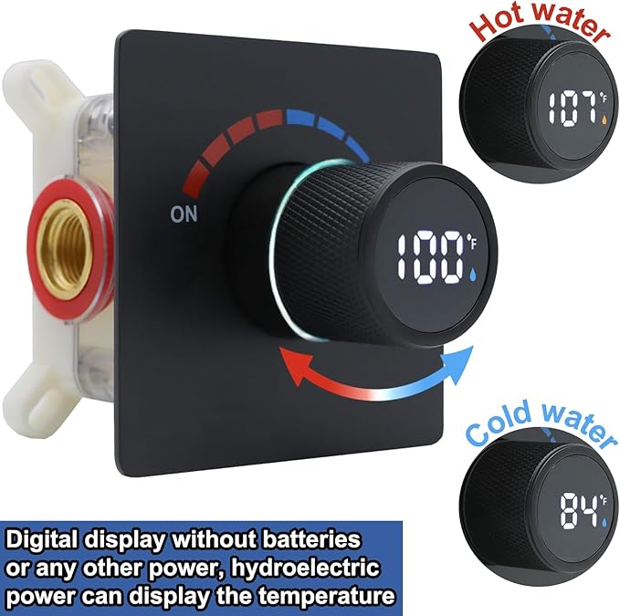 Digital Display Shower Valve Shower Valve Single Way Shower Diverter Valve Shower Mixing Valve Can Use All the Time Matte Black