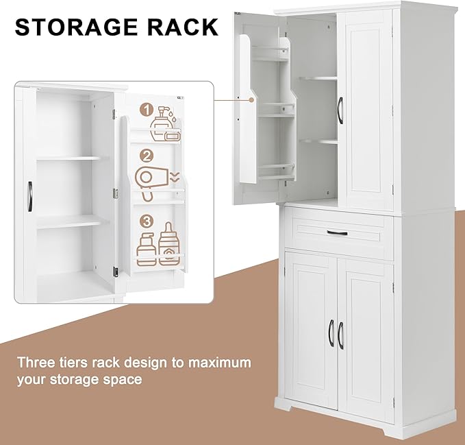 Favfurish 72" Tall Bathroom Storage Cabinet with Doors and Drawer,Modern Linen Cabinets w/Adjustable Shelves & Door Storage Rack,Freestanding Organizer for Bath Room,Study,Office,Kitchen White