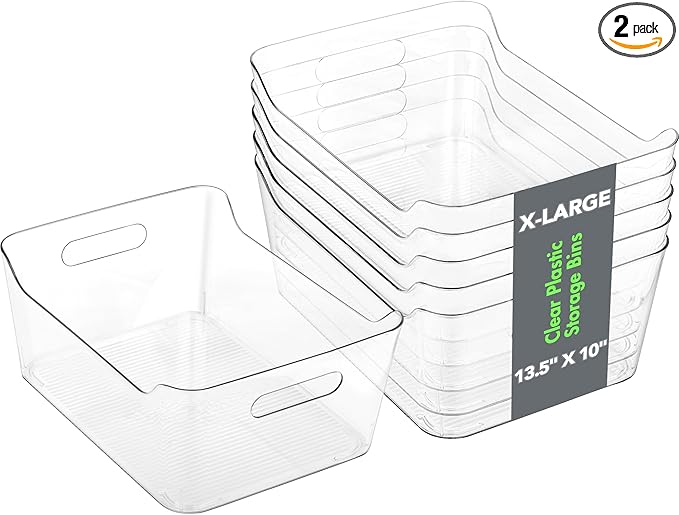 Tiawudi 2 Pack Plastic Storage Bins, Extra Large Pantry Organizer, 13.5" x 10" Clear Storage Containers and Organizer Bins, Multi-Use Bins for Home, Kitchen, Closet and Cabinet