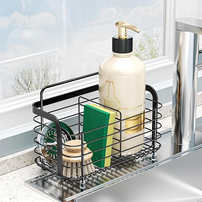 Black Kitchen Sink Caddy Organzier, Sponge Holder for Kitchen Sink, Metal High Brush Holder, Dish Sponge Holder Basket for Sponges, Scrubbers, Dish Soap Bottles Wall Mounted/Countertop
