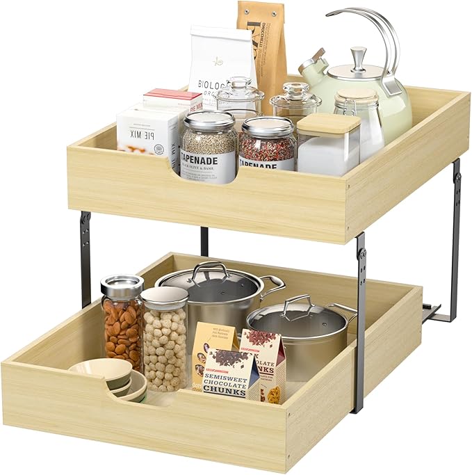 COOLBEBE 2 Tier Pull Out Drawers for Cabinets，17"W x 21"D Double Tier Slide Out Wood Drawer Shelf Organizer, Soft Close Cabinet Pull Out Shelves in Kitchen, Pantry
