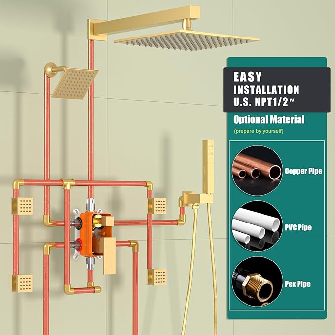 Enga Shower Faucet Set, Dual Shower Head System with Body Jets, 10" & 6" Rain Showerheads with 4 Jets, 2 in 1 Handheld Spray, 4 Way Shower Diverter, Brushed Gold