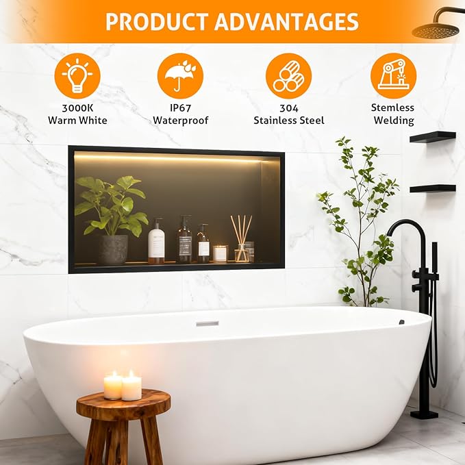 WICHEMI Stainless Steel Shower Niche 24" X 12", No Tile Needed Wall Niche with LED Light, Recessed Shower Shelf for Bathroom Storage Over Mount Installation, Matte Black