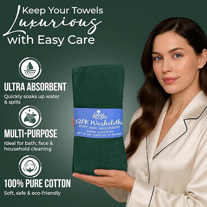 DAN RIVER 12 Pack Wash Cloths for Showering [12x12] - 100% Cotton Washcloths Premium Quality Flannel Face Cloths for Bathroom, Highly Absorbent and Soft Feel Wash Clothes, Hunter Green
