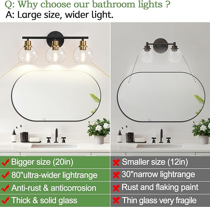 2025 Upgrade 3-Light Bathroom Light Fixtures, Black and Gold Bathroom Lights Over Mirror with Clear Glass Globe Shade, Vanity Lights for Bathroom Kitchen Living Room Hallway Cabinet Bedroom Porch