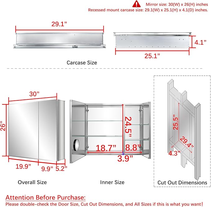 Fundin Bathroom Mirror Medicine Cabinet Aluminum Storage Cabinet 30 x 26 inch Beveled Edge Frameless Double Sided Mirror Door Recess or Surface Mount with 5X Magnifying Makeup Mirror
