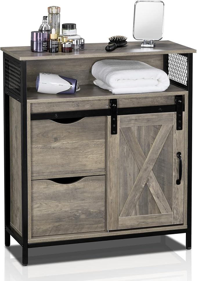 VINGLI Farmhouse Bathroom Floor Storage Cabinet, Rustic Freestanding Cabinet Organizer w/Sliding Barn Door, 2 Large Drawers and Adjustable Shelves (Wash Grey)
