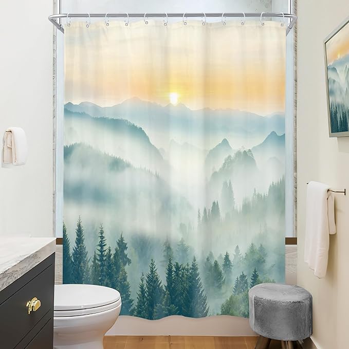 Riyidecor Small Stall Mountain Shower Curtain 48Wx72H Inch Rv Narrow Green Sunset Sunrise Scenery Landscape Woodland Greenery View Bathroom Decor Fabric Polyester Waterproof 8 Pack Hooks