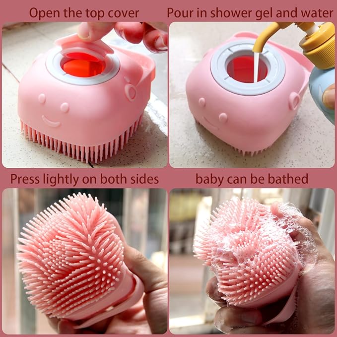 Pet Bath Brush Dog Baths Brush Shampoo Dispenser Soft Silicone Dog Bathing Brushes Dogs Shampoo Brushes scrubbers for Cats and Dogs Shower Brush Grooming (Pink)