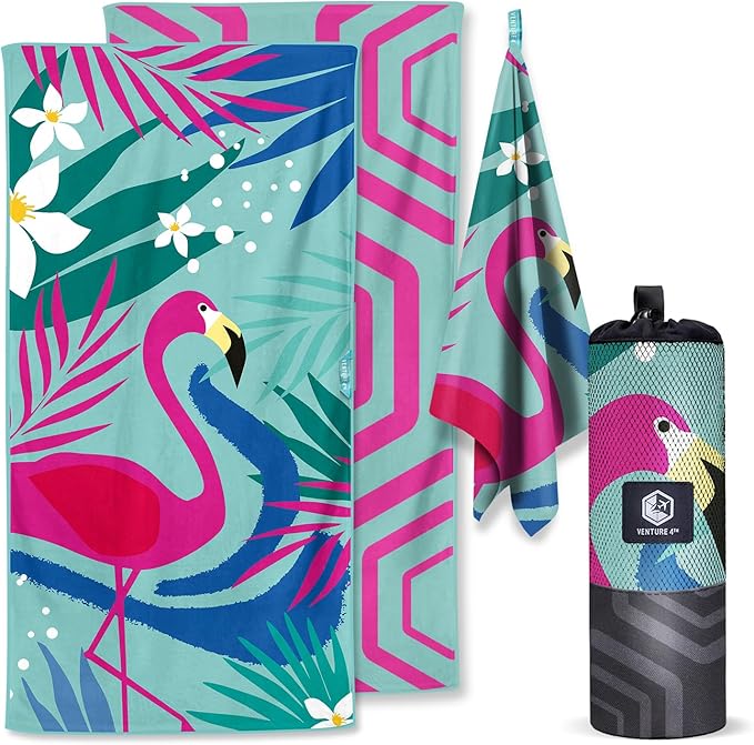 VENTURE 4TH Microfiber Beach Towel: Quick-Dry, Compact, Sand-Free, Absorbent, Sandproof and Lightweight - Perfect for Camping, Beach, and Roadtrips (Turquoise Flamingo Design | 35x78 inches)