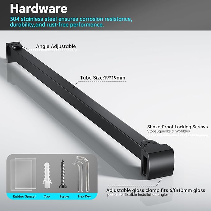 Frameless Shower Door Support Bar, Stainless Steel Wall-to-Glass Support Arm to Fixed Shower Glass Panel, for 1/4"-3/8" (6-10 mm) Door, 180° Pivot & Stow-Flat Mode (Matte Black, 15.8-inch(400mm))