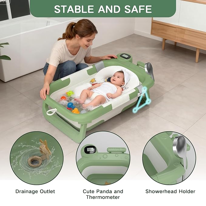Collapsible Baby Bathtub for Newborn to Toddler (0-24 Months), Portable Baby Bath Tub for Travel, Newborn Bathtub with Soft and Supportive Cushion (Astronaut-Green)