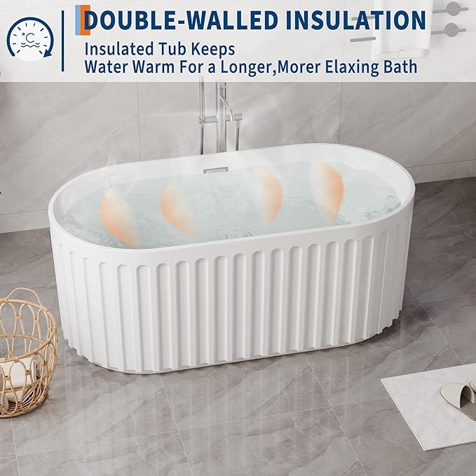 67" Freestanding Bathtub, Deep Soaking Tub with Non-Slip Base, CUPC Certified Stand Alone Tub, Modern Bathroom Soaker Tub with Chrome Drain, Easy Install, White