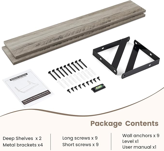 Dreamland Deep Floating Shelves for Wall, 48W x 8D Wall Mounted Shelves Set of 2, Wide Display Ledge Shelf with Sturdy Metal Brackets for Living Room, Bathroom, Bedroom and Kitchen, Grey