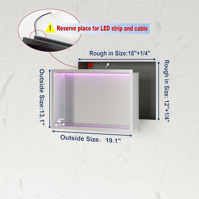 18X12 RGB Shower Niche, Brushed Nickel Stainless Steel LED Wall Niche, No Tile Needed Wall Cabinet for Bathroom Storage Built-in Installation