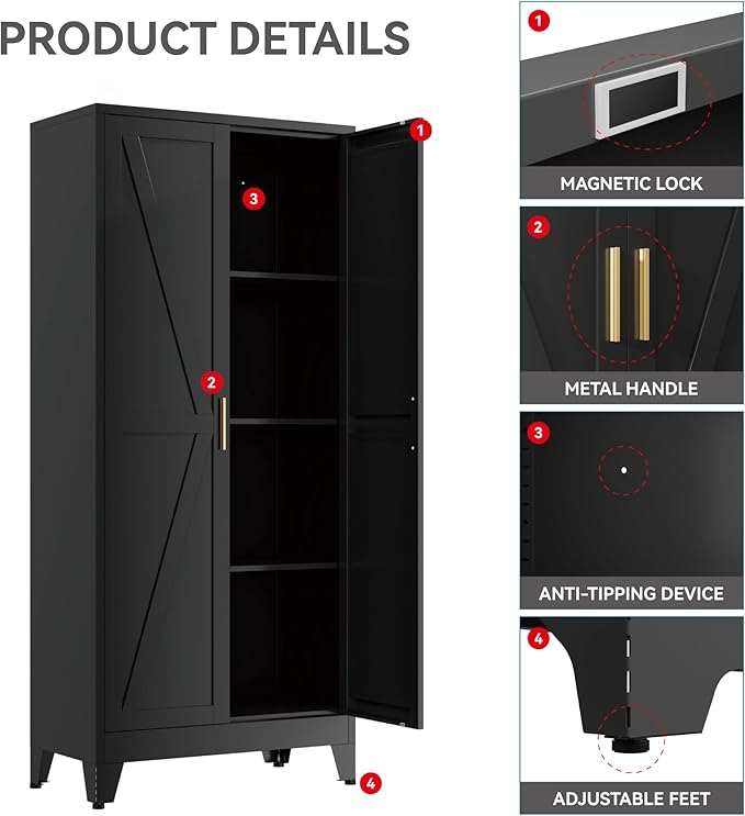61" Tall Metal Kitchen Pantry Storage Cabinet with Double Doors & 3 Adjustable Shelves, Freestanding Cupboard for Kitchen, Dining Room, Bathroom, Black