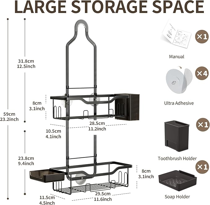 Shower Caddy Hanging 2-Tier Bathroom Organizer for Tall Showerhead with Soap Dish and Toothbrush Holder,Rustproof Over Shower Head Rack,Black
