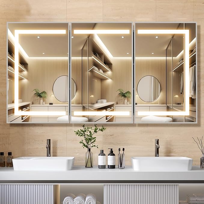 APRILSOUL 48X32 Inch Silver Bathroom Medicine Cabinet with Mirror, Recessed or Surface Lighted Medicine Cabinet with 3 Colors Temperature, Dimmable Light