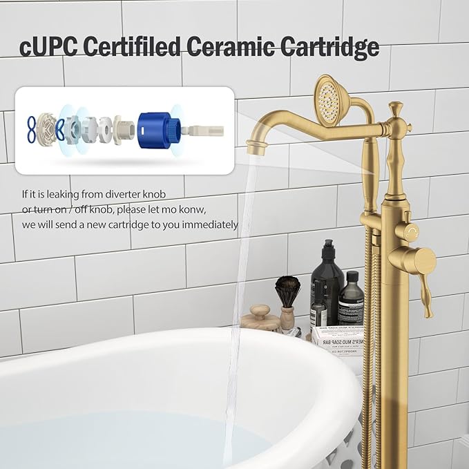 Hoimpro Free Standing Tub Faucet Freestanding Tub Filler Bathtub Faucet Stand Alone Floor Mounted Bathtub Faucet Set Handheld Sprayer Brass Brushed Gold