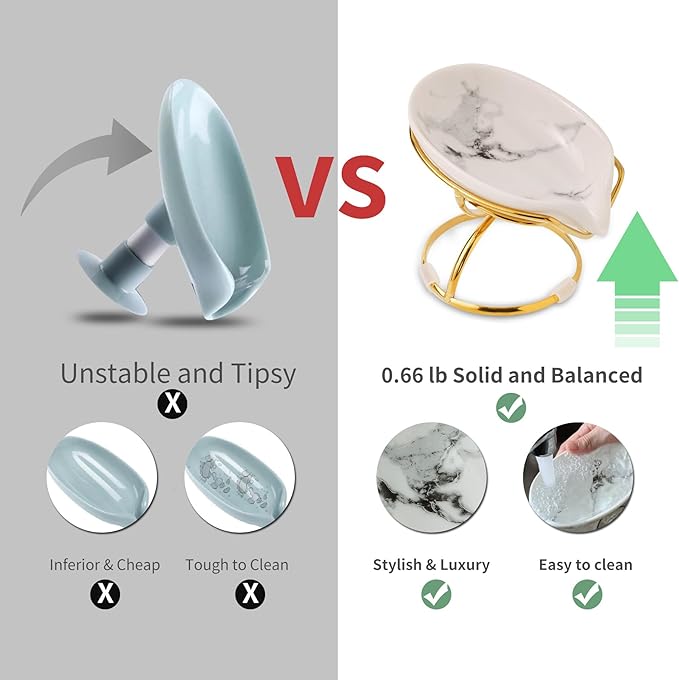 Leaf-Shaped Soap Dish – Ceramic Soap Bar Holder with Self-Drainage System – Bar Soap Holder for Shower, Bathroom Sink, Kitchen – Soap Dish with Stainless Steel Stand (White-Gold-2 Pack)