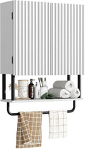 RUSTOWN Fluted Bathroom Wall Cabinet with 2 Doors, 3-Tier Modern Farmhouse Medicine Cabinet, Over The Toilet Storage Cabinet with Adjustable Shelf and Towel Bar (White, Medium)