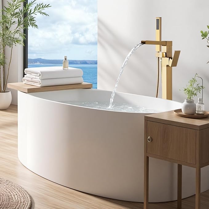 Freestanding Tub Faucet Brushed Gold: ALEASHA High Flow Max 6.74 GPM Free Standing Tub Filler - Brass Modern Floor Mount Bathtub Faucet with Handheld Shower, for the Ultimate Elegant SPA Experience