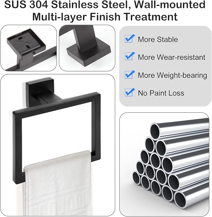 Matte Black Towel Ring,Square Hand Towel Holder,Towel Hanger, Bathroom Hardware Accessories,Stainless Steel Wall-Mounted Towel Hoder