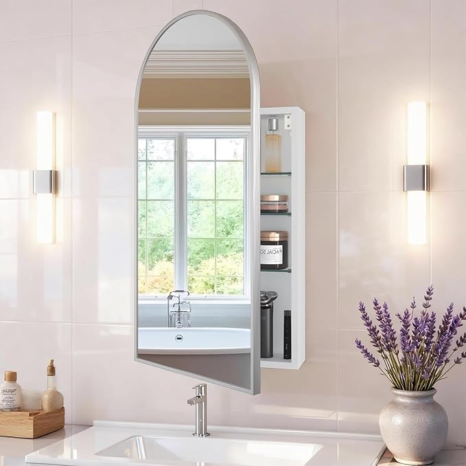 FKWin Arched Sliver Bathroom Medicine Cabinet with Mirror, Left or Right Opening, Bathroom Vanity Mirrors with Storage, Surface Mount Medicine Cabinet not Recessed, Silver, 16x32 inch