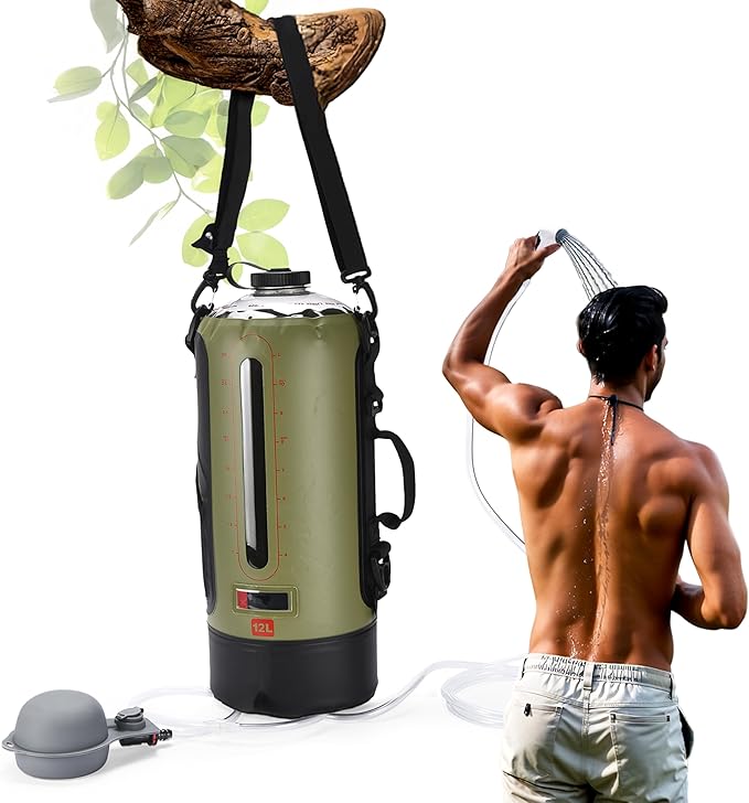 HappyPo Camping Shower - Portable Camping Solar Shower Pump- Shower Bag with Pressure Foot Pump with Temperature Indicator - Camp Water Equipment for Road Travel