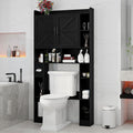 Vabches Over The Toilet Cabinet, Double Doors Bathroom Shelf Organizer with Toilet Paper Holder Stand and Open Storage Shelf, Small Freestanding Space Saver for Restroom, Bathroom, Laundry, Black