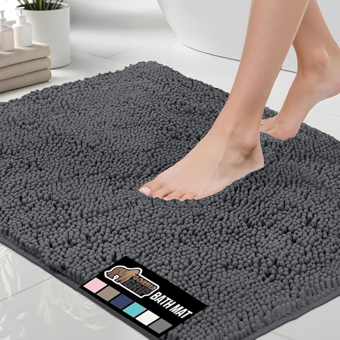 GORILLA GRIP Bath Rug Mat 30x20, Soft Absorbent Chenille, Quick Dry Microfiber Mats, Rubber Backing Washable Shower Floor Rugs, Bathmat Runner, US Designed Bathroom Home Decor Accessories Charcoal