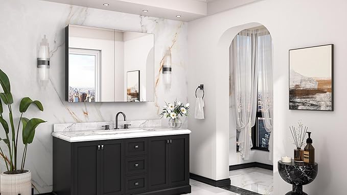 Keonjinn 40 x 32 Inch Large Medicine Cabinet for Bathroom, Black Lightweight Combined Double Doors Mirrored Cabinet, Assembly Needed, Recessed or Wall Mount, Flexiable Ample Storage, Soft Closing
