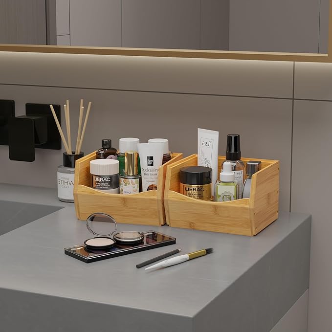 2 Set Open Front Small Stackable Storage Bins, Bamboo Stacking Storage Bins Snack Tea Bags Fruits Spices Countertop Storage, Rustic Organizer Bins for Pantry, Kitchen, Office, Bedroom (Small Natural)