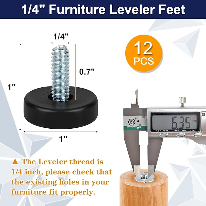1/4" Thread Furniture Feet Levelers, 12 PCS Adjustable Furniture Feet Threaded Screw in, Leveling Feet Screw On Furniture Glide Leveling for Table, Cabinets, Chairs, Stool Legs