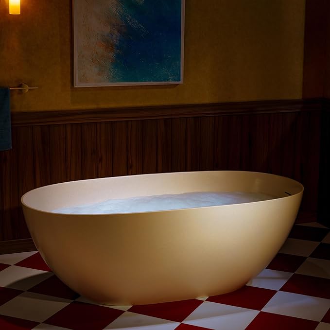 WOODBRIDGE 61-1/4" L x 30-3/4" W Stone Resin Luxury Contemporary Solid Surface Freestanding Soaking Bathtub in Cream with Two Drain Covers Included
