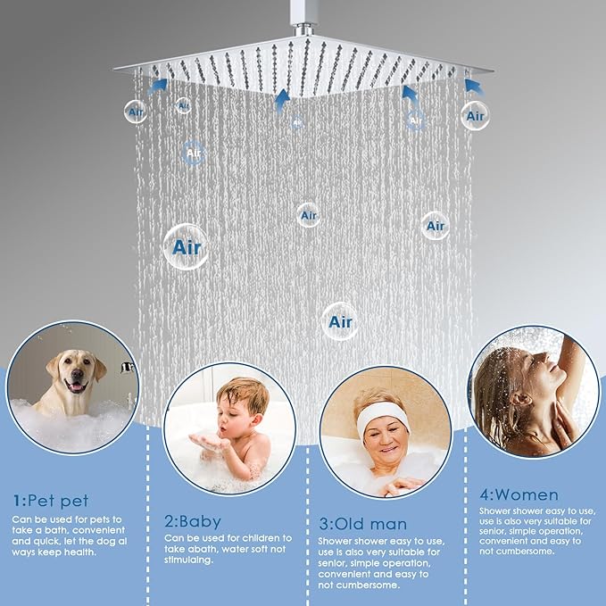 Shower System Dual Shower Heads with 12" Ceiling Mounted Rain Shower Head & 6" Wall Mounted Head Full Body Luxury Rain Shower System 3 Way Pressure Balance Valve Kit, Polished Chrome