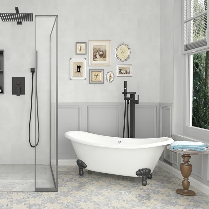 BESy Tub Filler Freestanding Bathtub Faucet Free Standing Tub Faucet Matte Black Floor Mount Bathroom Tub Faucets Bath Faucets with 2 Function Handheld Sprayer