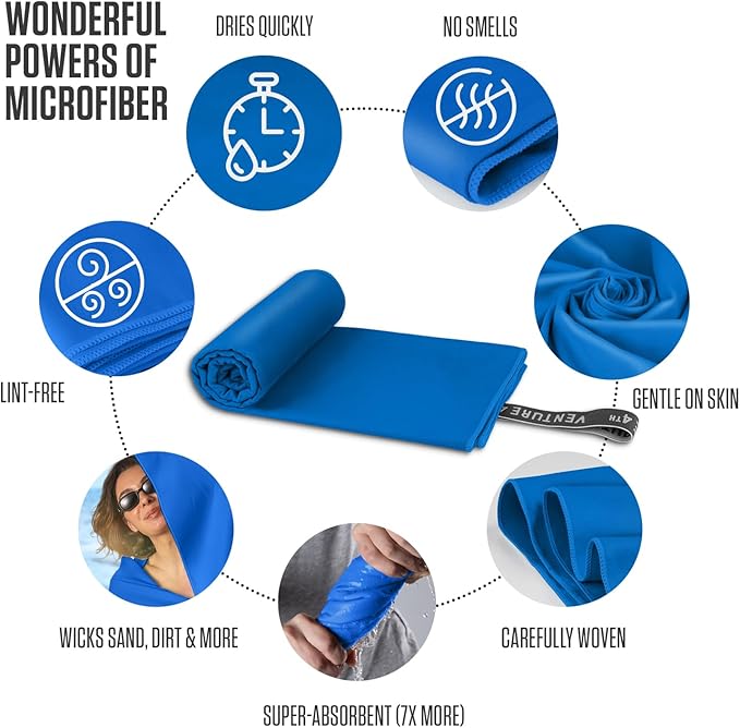 VENTURE 4TH Quick Dry Towel. Microfiber Travel Towel Ideal for Camping, Hiking, Backpacking, Gym. Lightweight & Fast Drying Travel Towels for Body. Compact & Easy to Pack - Blue Large