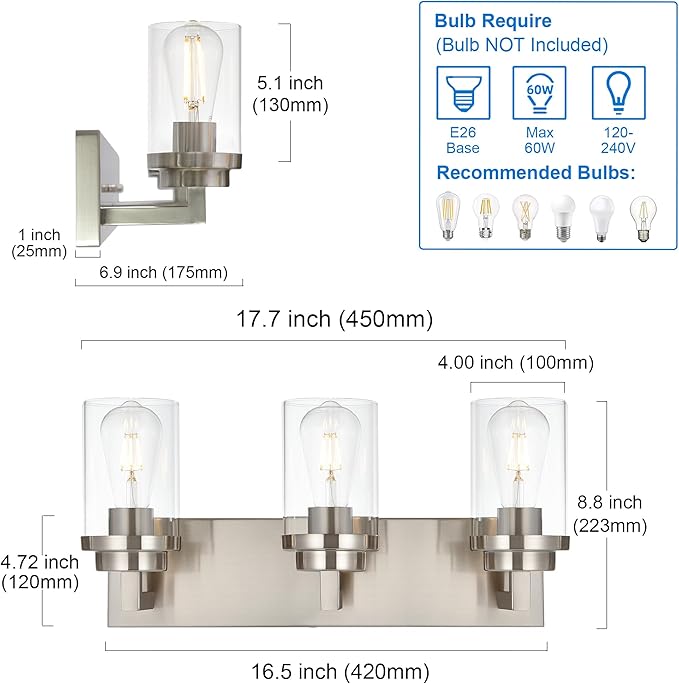 MELUCEE 3-Light Vanity Lights Brushed Nickel with Clear Glass Shade, Modern Bathroom Light Fixtures Industrial Wall Light for Bedroom Kitchen Living Room