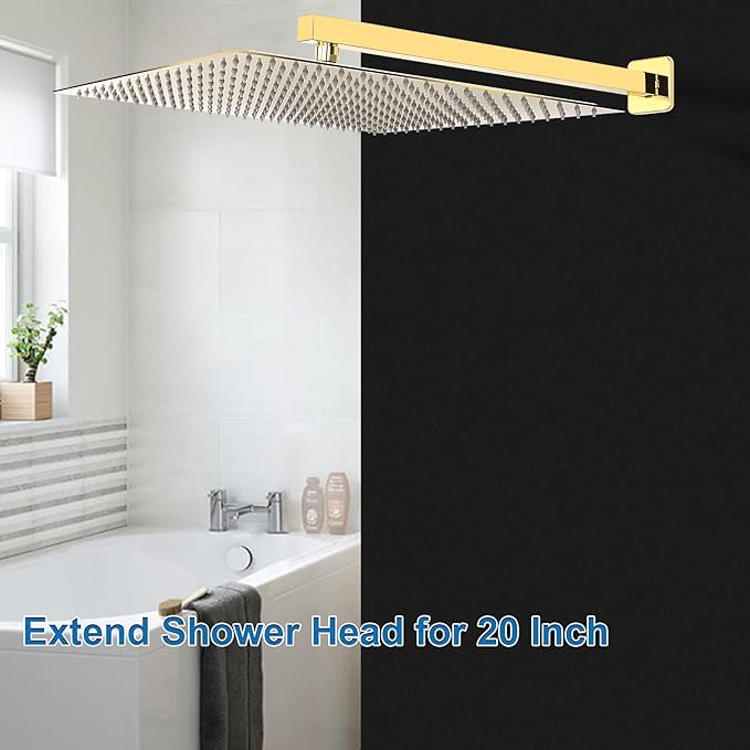 HarJue Shower Arm, Rain Shower Head Extension Extender, With Flange and Teflon Tape, Made of Thicken Stainless Steel for Bathroom Rainfall Shower (20 Inch, Chrome Gold）