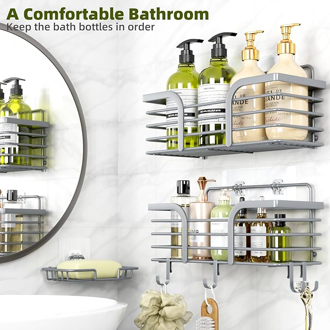 Yougai Shower Caddy 3 Pack, Adhesive Shower Shelf Organizer Rack, Rustproof Stainless Steel Bathroom Organizers and Storage, Large Capacity Wall Mounted No Drilling Bathroom Accessories