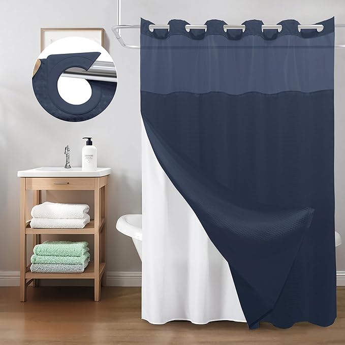 Inhousolu Stall No Hook Shower Curtain with Snap in Fabric Liner Set Waffle Weave 230GSM Weighted Hem, Waterproof & Washable Bathroom Curtain Spa Luxury with Mesh Top Window 36" W x 72" L Navy Blue