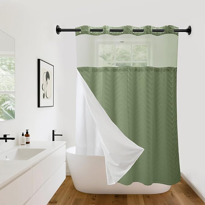 Hookless Shower Curtain with Snap in Liner 71" x 74" Double-Layer Waterproof Polyester Shower Curtain for Bathroom or Hotel Use,Removable Liner,Magnetic Hem,Large Rings,Machine Washable,Sage Green