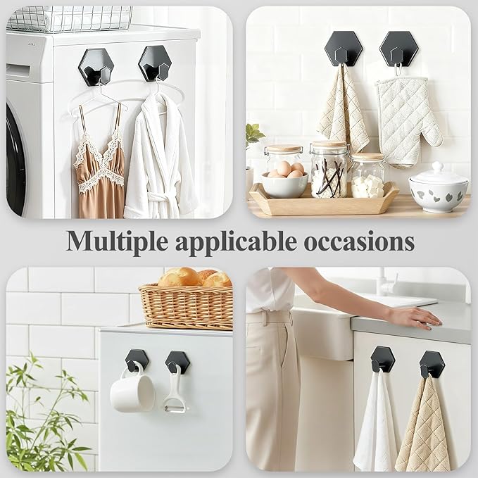 Tindbea Adhesive Towel Hooks Heavy Duty Wall Hooks Waterproof Stainless Steel Shower Rack for Coat, Key, Hat, Robe, Clothes, Picture Hanging Towel Hooks for Bathrooms Kitchen Door (4-Pack, Black)