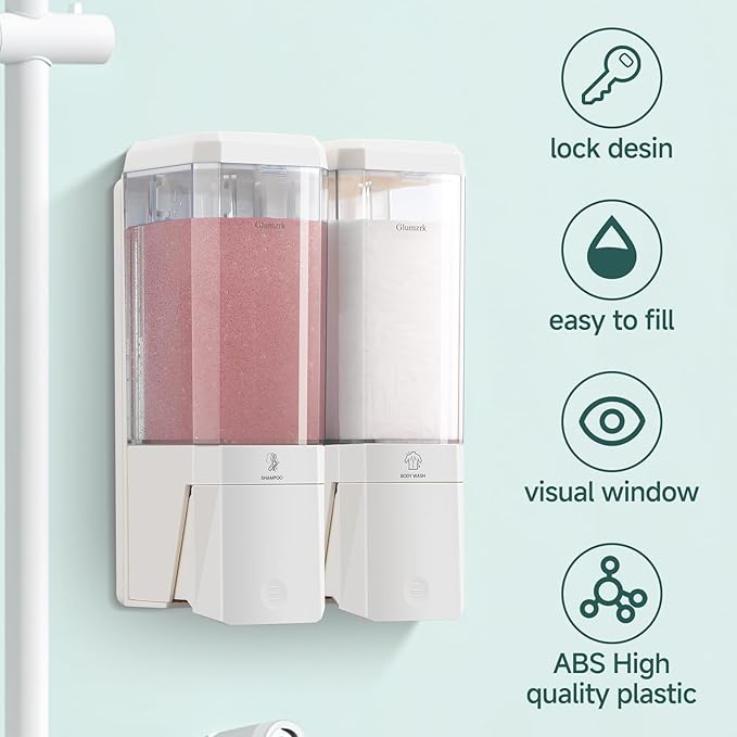 Shampoo and Conditioner Dispenser Wall Mounted No Drill, Shower Soap Dispenser 2 Chamber Shampoo Conditioner Body Wash Refillable 2 * 17oz Shower Soap Dispenser for Bathroom Hotel, White+Clear
