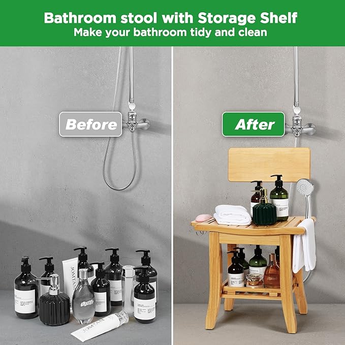 Ollieroo Two-Tier Bamboo Shower Chair for Inside Shower, Waterproof Baby Bath Seat with Storage Shelf, Soap Dish and Shower Head Holder, Shower Stool for Seniors Adults Disabled Pregnant(Natual)