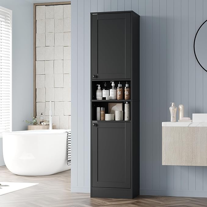 67" Tall Bathroom Cabinet with 2 Doors, Narrow Freestanding Floor Cabinet, Slim Storage Unit with Adjustable Shelves for Bathroom, Living Room, Entryway, Kitchen, Black